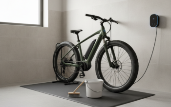 Een elektrische fatbike op een opvangmat in een nette bijkeuken met emmer, borstel en droge laadplek.