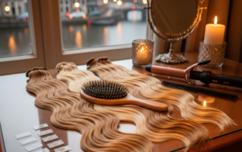 Tape extensions, een haarborstel en stylingtools op een hoteltafel voor een avond uit in Amsterdam.