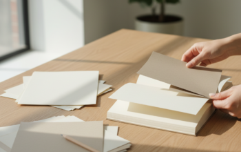 Een werktafel met een blanco boekmodel, losse vellen en papierstalen voor het voorbereiden van een gedichtenbundel.