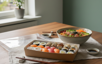Een geopende afhaalverpakking met verschillende soorten sushi en een poke bowl op een gedekte eettafel.