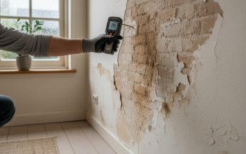 Een hand houdt een vochtmeter tegen een binnenmuur met vochtplekken en loslatend pleisterwerk naast een raam.